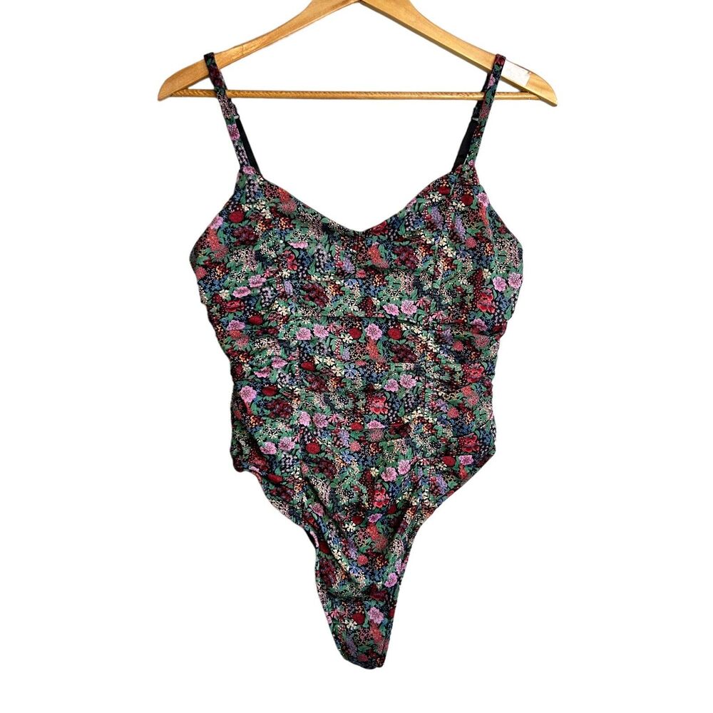 ISALIS BODYSUIT Womens Medium Black Green Pink Floral Print Ruched Tank Top